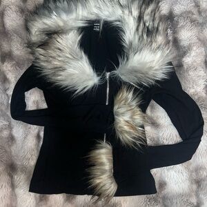 SHEIN Black Faux Fur Trim Cardigan